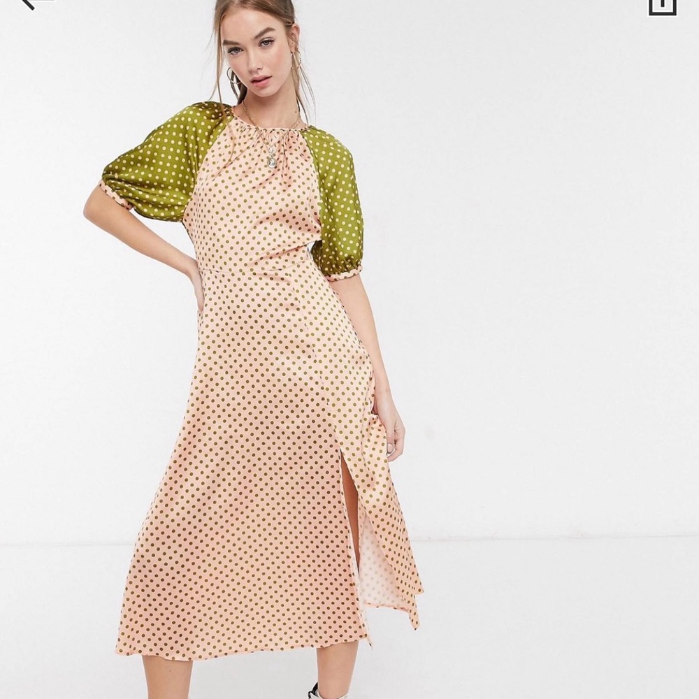 ASOS Peach Polka Dot Midi Dress with Olive Puff Sleeves